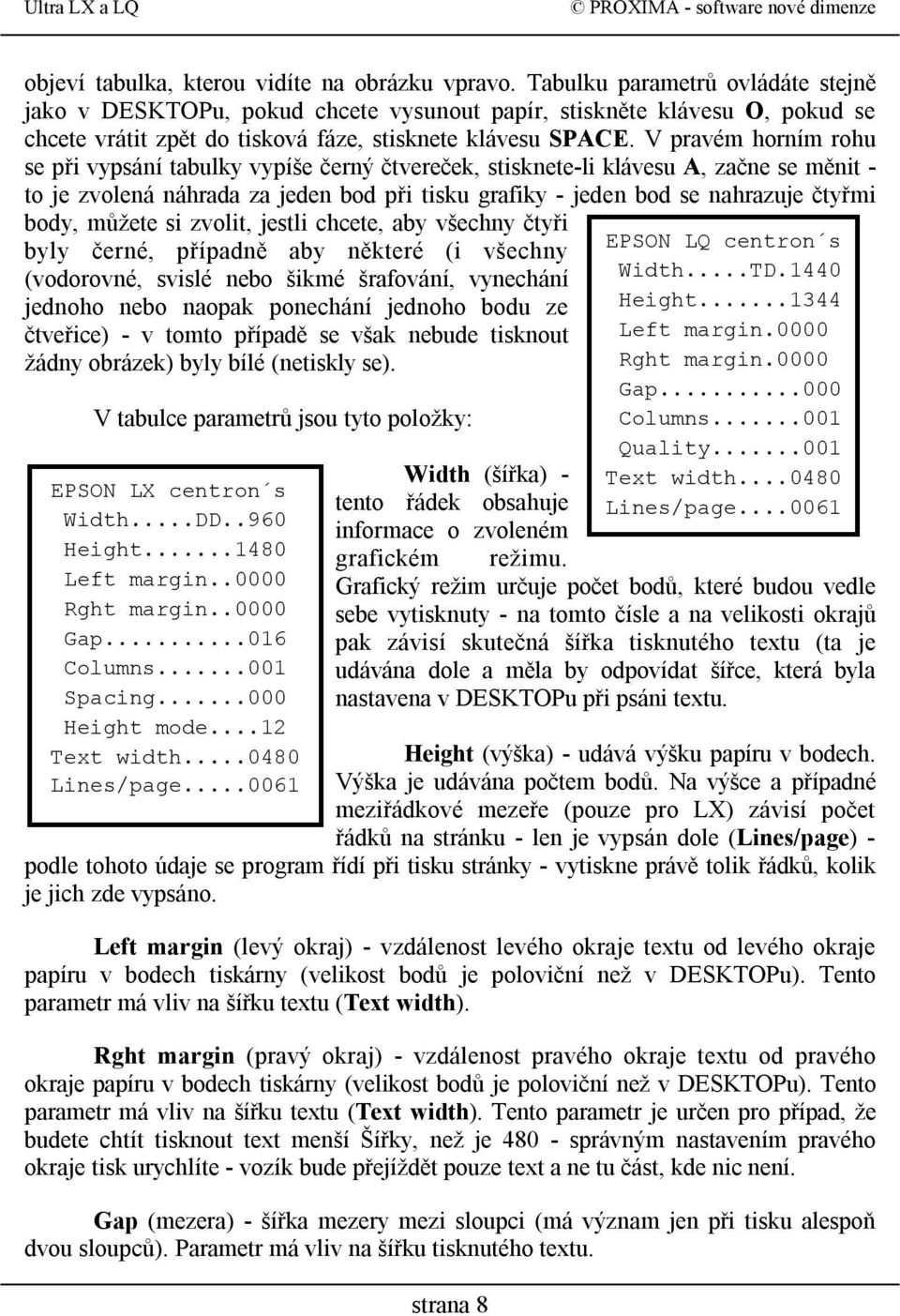 V pravém horním rohu se při vypsání tabulky vypíše černý čtvereček, stisknete-li klávesu A, začne se měnit - to je zvolená náhrada za jeden bod při tisku grafiky - jeden bod se nahrazuje čtyřmi body,