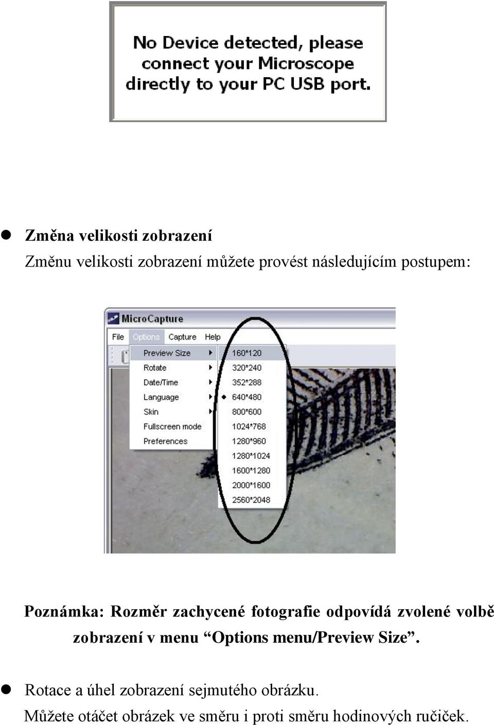 zvolené volbě zobrazení v menu Options menu/preview Size.