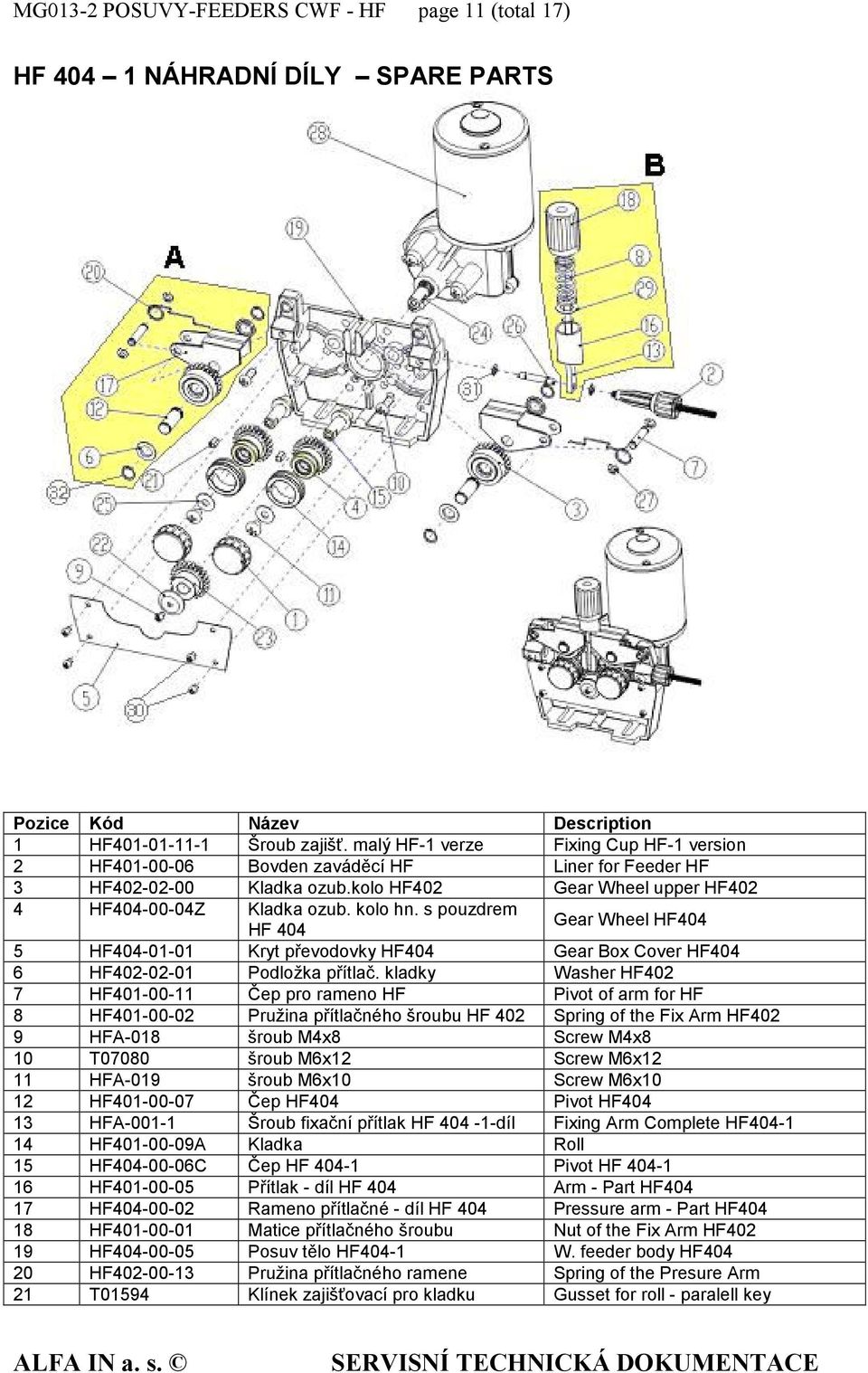 s pouzdrem HF 404 Gear Wheel HF404 5 HF404-01-01 Kryt převodovky HF404 Gear Box Cover HF404 6 HF402-02-01 Podložka přítlač.