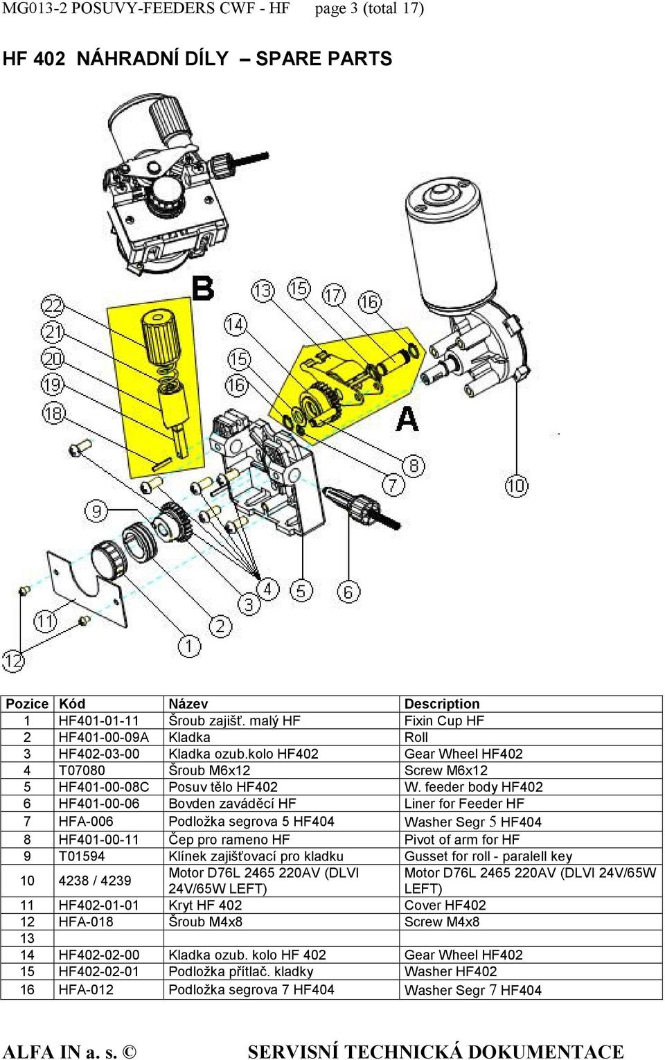 feeder body HF402 6 HF401-00-06 Bovden zaváděcí HF Liner for Feeder HF 7 HFA-006 Podložka segrova 5 HF404 Washer Segr 5 HF404 8 HF401-00-11 Čep pro rameno HF Pivot of arm for HF 9 T01594 Klínek