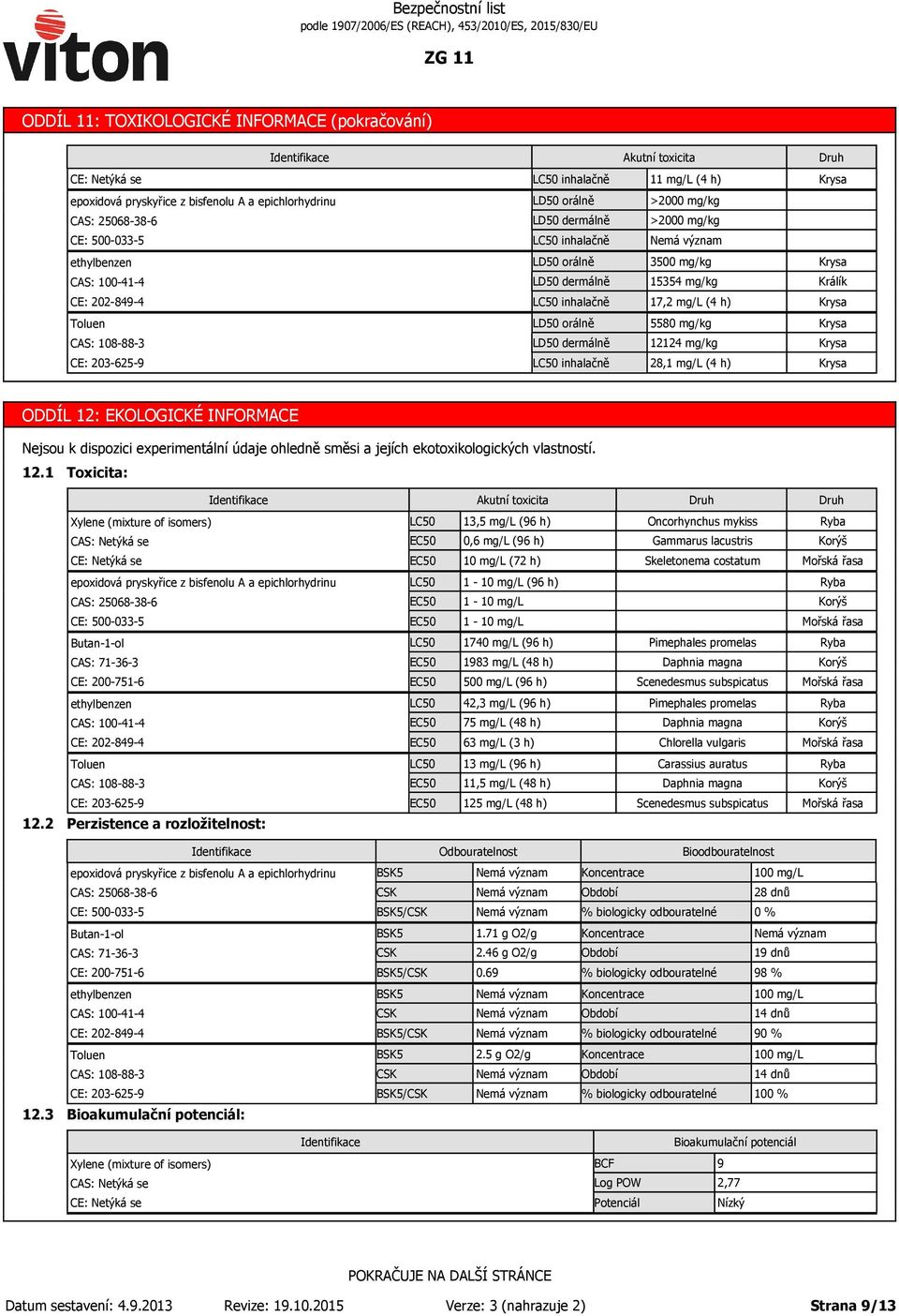 údaje ohledně směsi a jejích ekotoxikologických vlastností. 12.