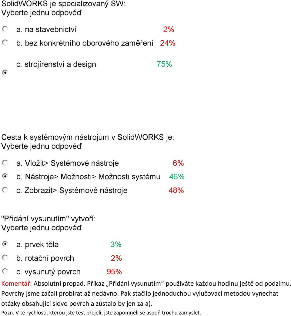 rotační povrch 2% c. vysunutý povrch 95% Komentář: Absolutní propad. Příkaz Přidání vysunutím používáte každou hodinu ještě od podzimu. Povrchy jsme začali probírat až nedávno.