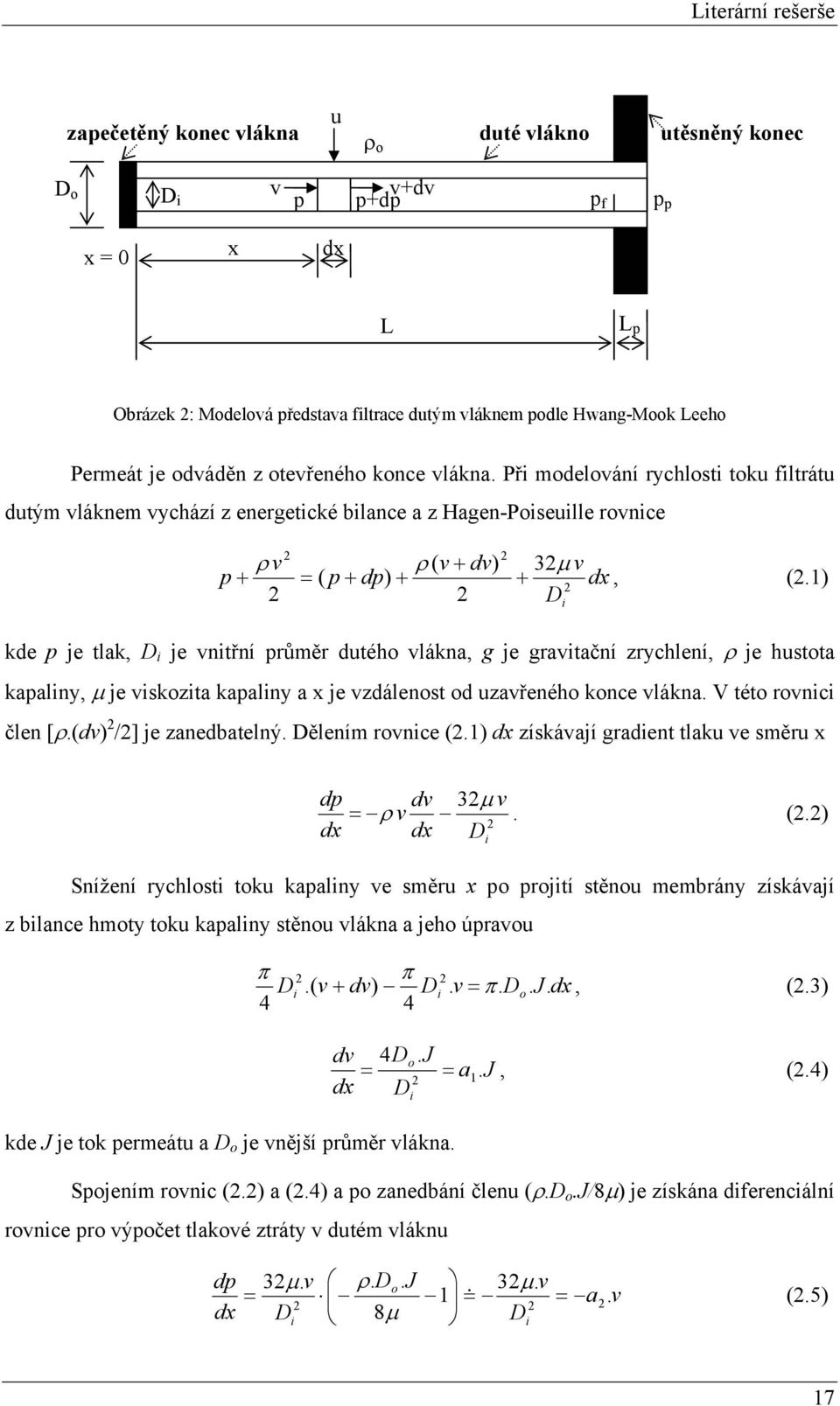 1) D kde p je tlak, D je vntřní průměr dutého vlákna, g je gravtační zrychlení, ρ je hustota kapalny, μ je vskozta kapalny a x je vzdálenost od uzavřeného konce vlákna. V této rovnc člen [ρ.