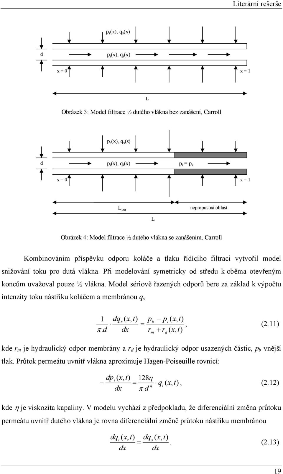 Př modelování symetrcky od středu k oběma otevřeným koncům uvažoval pouze ½ vlákna. Model sérově řazených odporů bere za základ k výpočtu ntenzty toku nástřku koláčem a membránou q s 1 π.