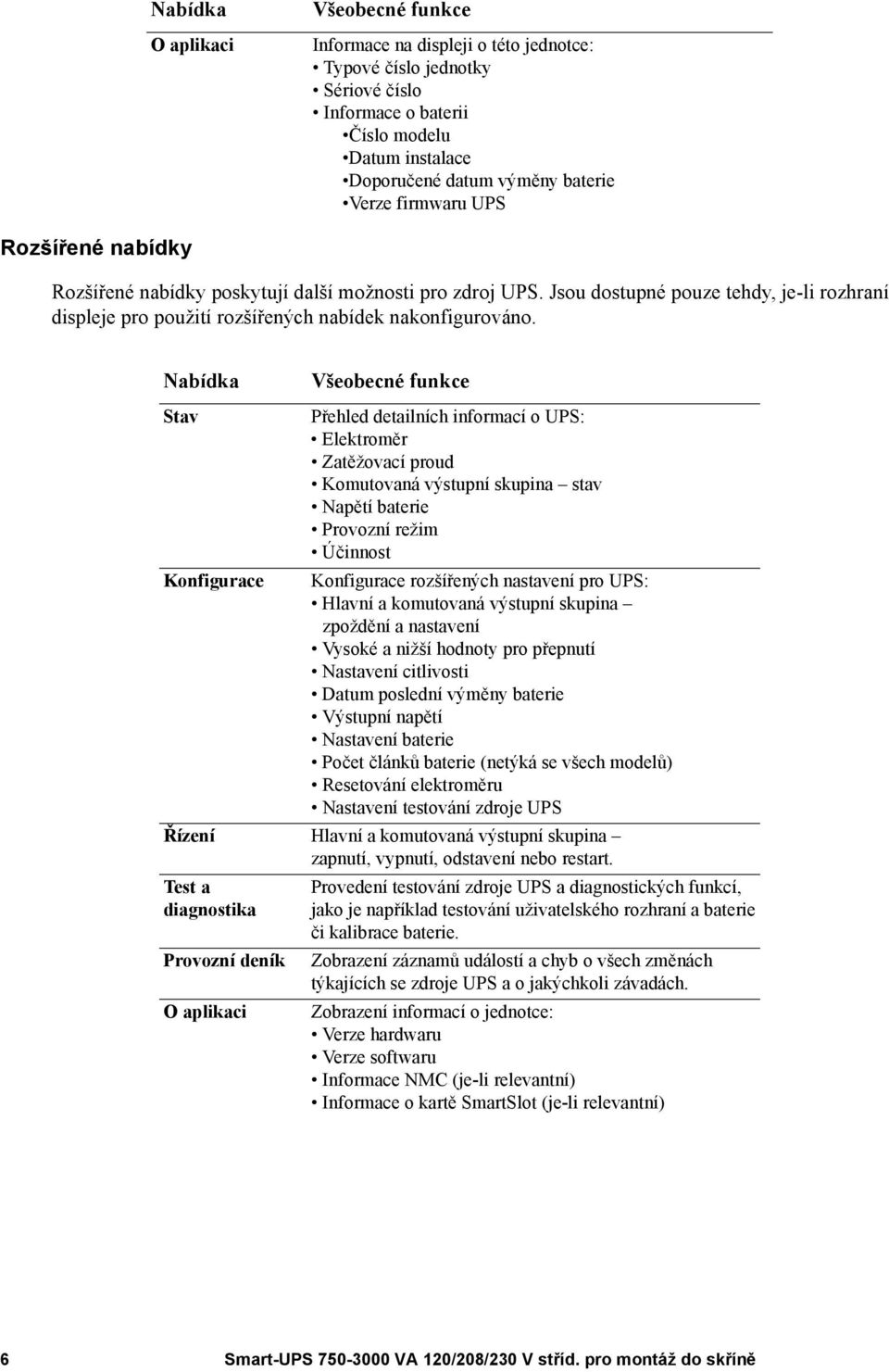 Nabídka Všeobecné funkce Stav Přehled detailních informací o UPS: Elektroměr Zatěžovací proud Komutovaná výstupní skupina stav Napětí baterie Provozní režim Účinnost Konfigurace Konfigurace