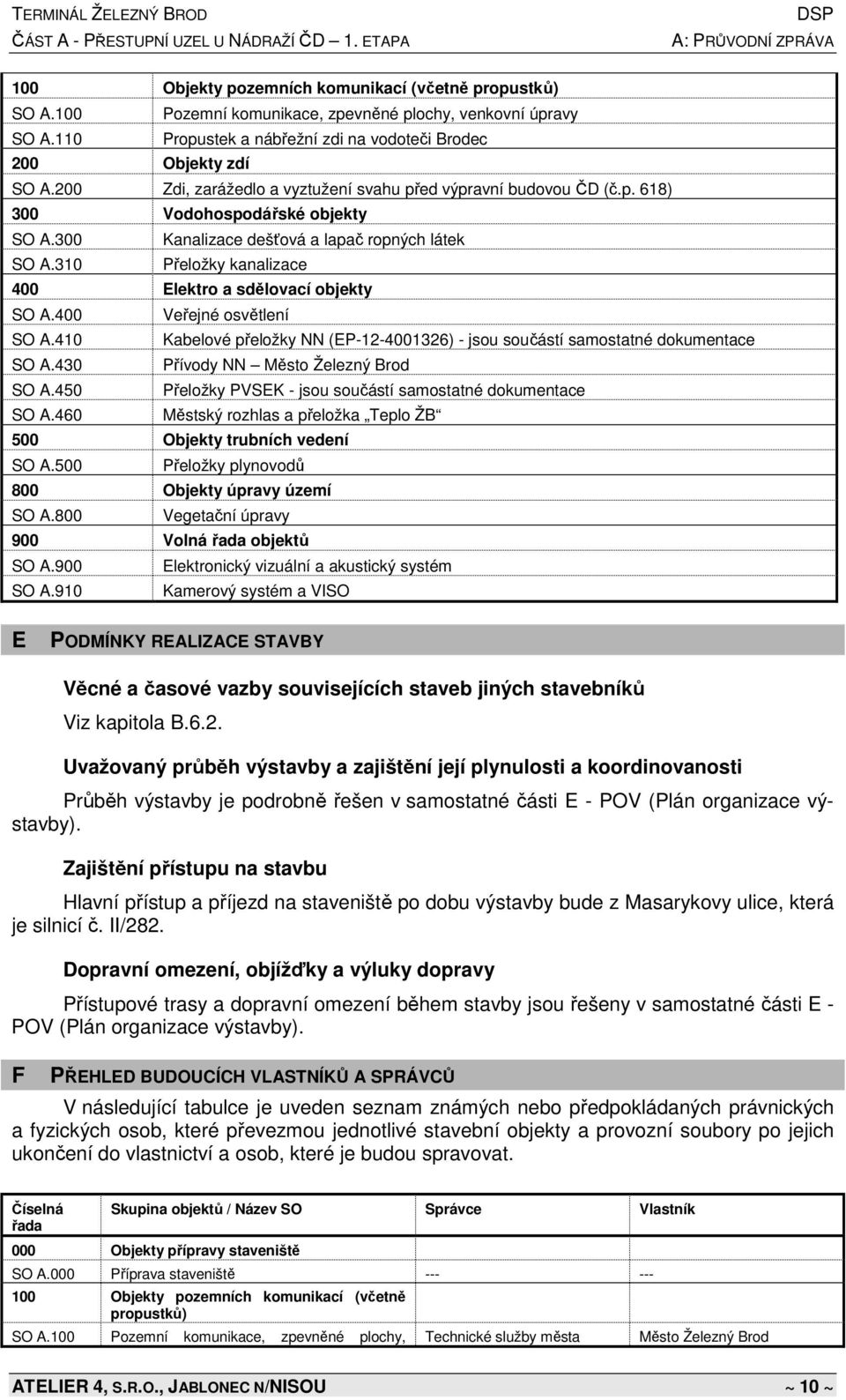 310 Přeložky kanalizace 400 Elektro a sdělovací objekty SO A.400 Veřejné osvětlení SO A.410 Kabelové přeložky NN (EP-12-4001326) - jsou součástí samostatné dokumentace SO A.