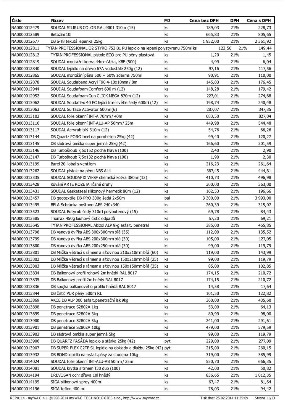 montážní kotva 44mm Veka, KBE (500) ks 4,99 21% 6,04 NA0000012840 SOUDAL lepidlo na dřevo 67A vodostálé 250g (12) ks 97,16 21% 117,56 NA0000012865 SOUDAL montážní pěna 500 + 50% zdarma 750ml ks 90,91