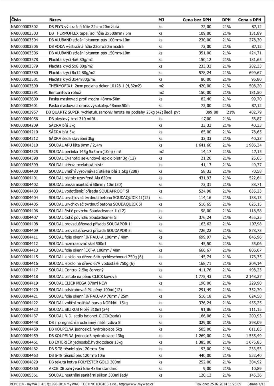 pás 150mmx10m ks 351,00 21% 424,71 NA0000003578 Plachta krycí 4x6 80g/m2 ks 150,12 21% 181,65 NA0000003579 Plachta krycí 5x8 80g/m2 ks 233,33 21% 282,33 NA0000003580 Plachta krycí 8x12 80g/m2 ks