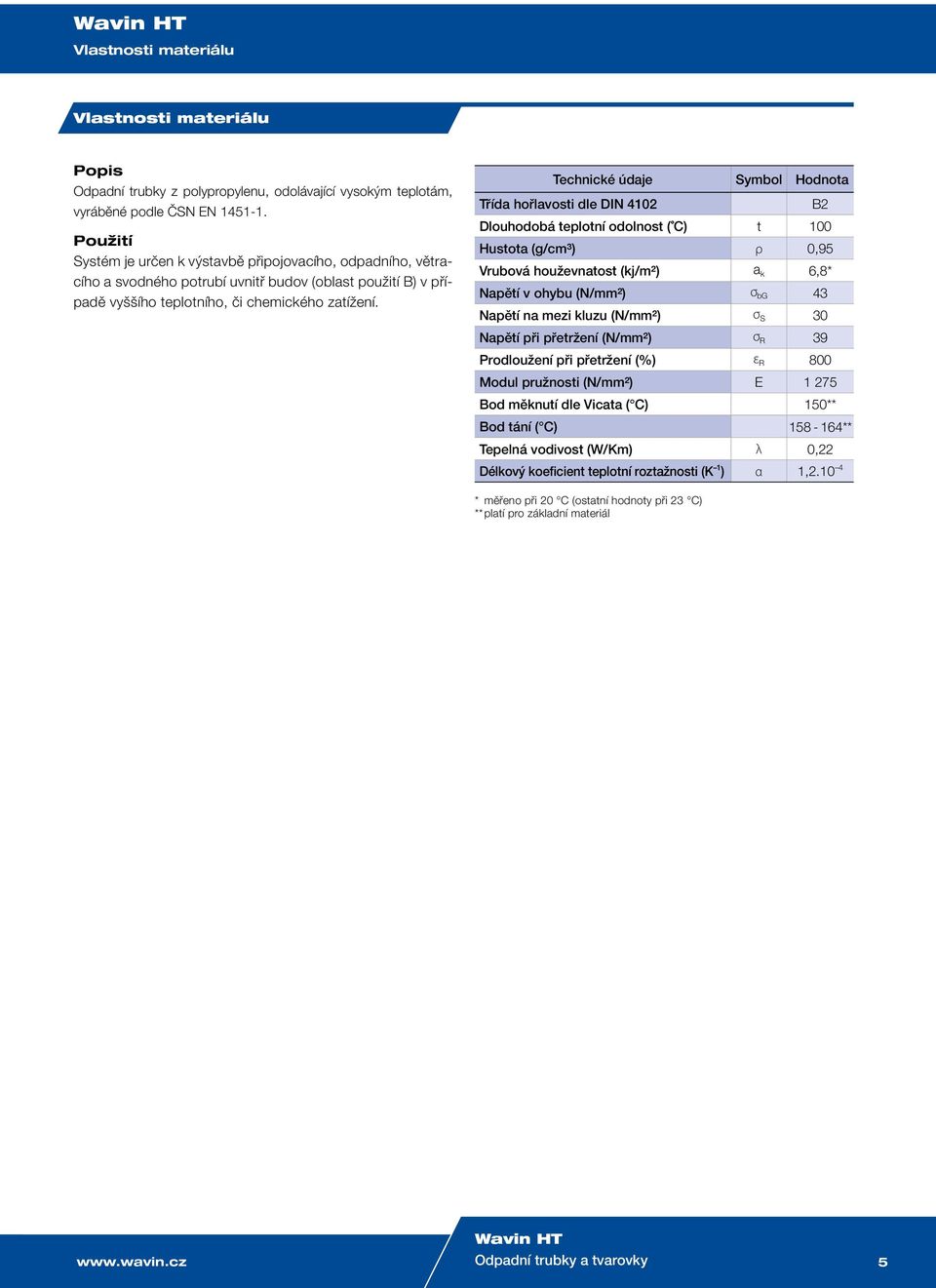 Technické údaje Symbol Hodnota Třída hořlavosti dle DIN 4102 B2 Dlouhodobá teplotní odolnost ( C) t 100 Hustota (g/cm³) ρ 0,95 Vrubová houževnatost (kj/m²) a k 6,8* Napětí v ohybu (N/mm²) σ bg 43