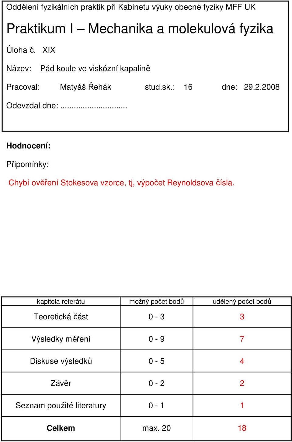 .. Hodnocení: Připomínky: Chybí ověření Stokesova vzorce, tj, výpočet Reynoldsova čísla.