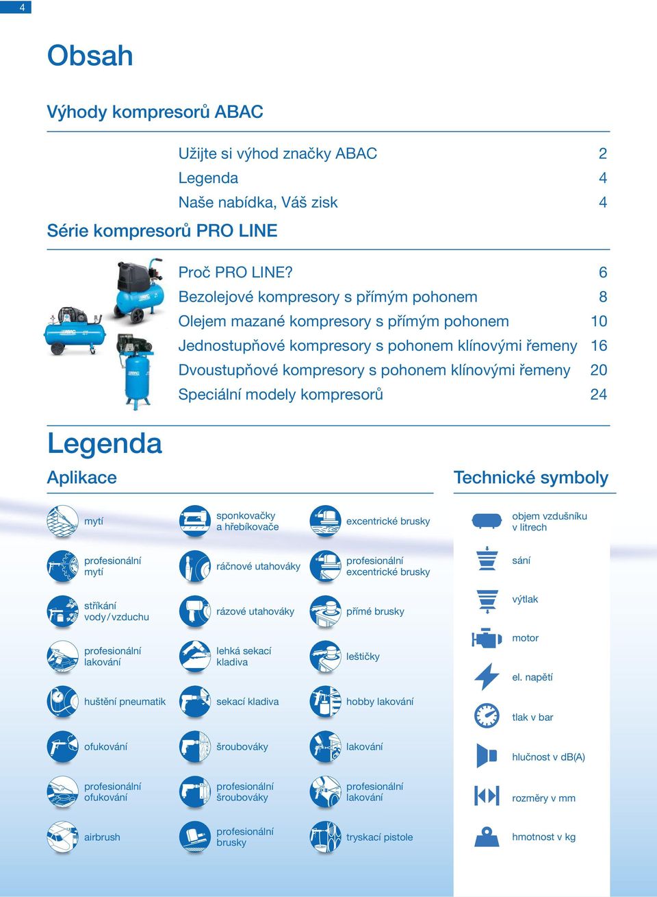 Speciální modely kompresorů 24 Legenda Aplikace Technické symboly mytí sponkovačky a hřebíkovače excentrické brusky objem vzdušníku v litrech profesionální mytí ráčnové utahováky profesionální