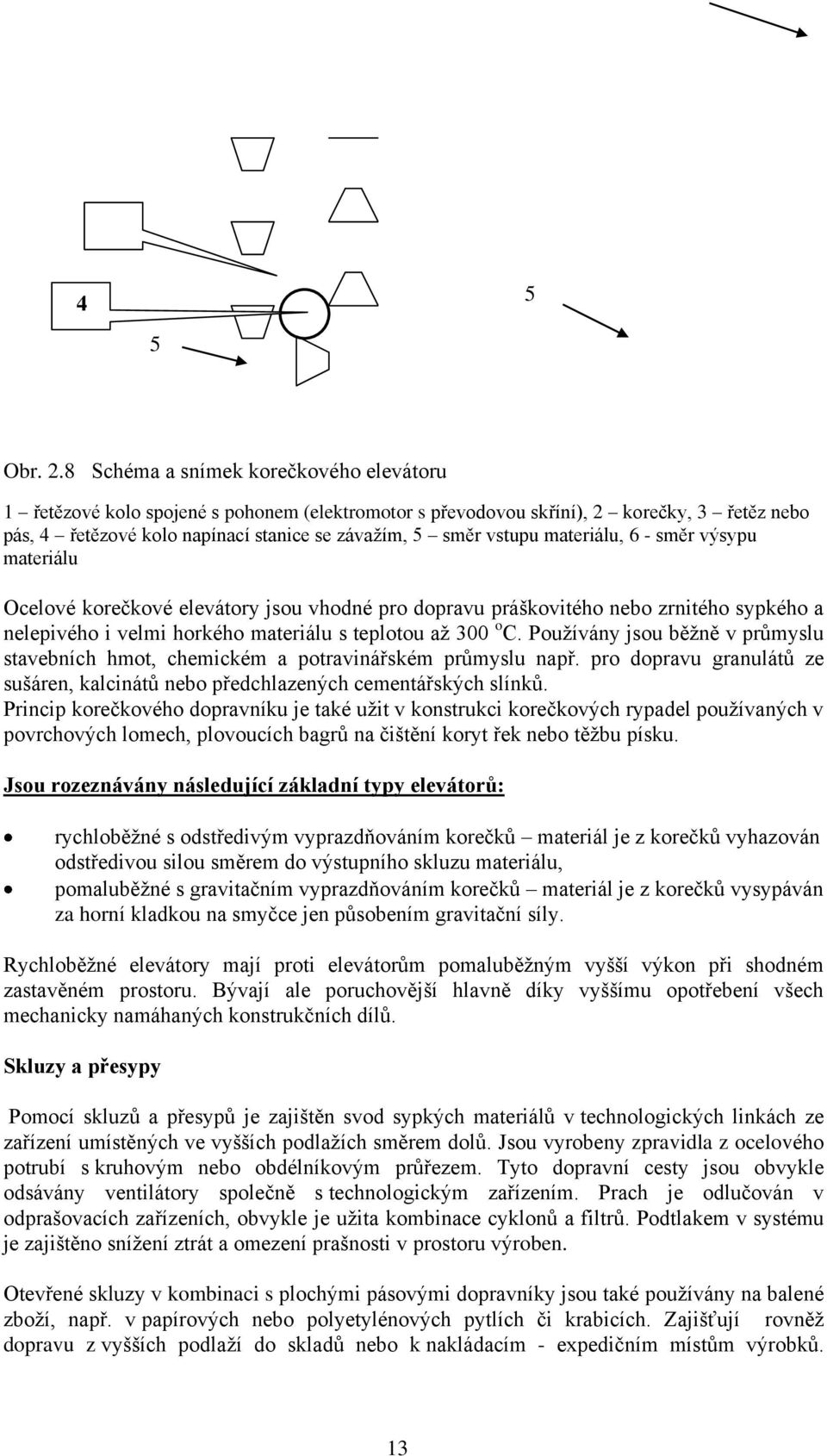 materiálu, 6 - směr výsypu materiálu Ocelové korečkové elevátory jsou vhodné pro dopravu práškovitého nebo zrnitého sypkého a nelepivého i velmi horkého materiálu s teplotou až 300 o C.