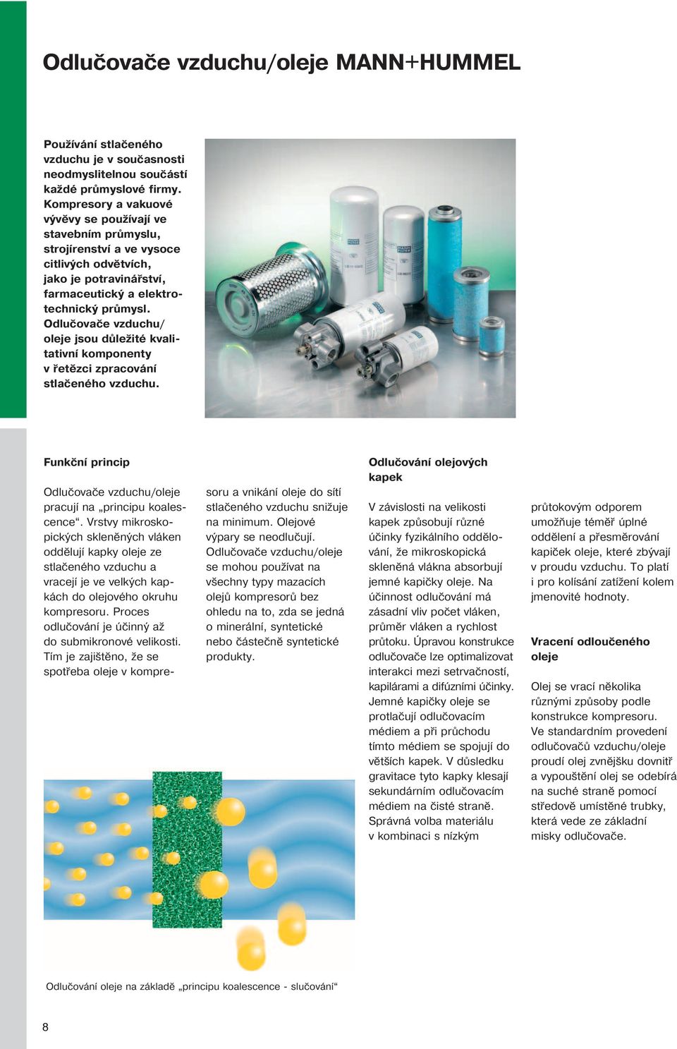Odlučovače vzduchu/ oleje jsou důležité kvalitativní komponenty v řetězci zpracování stlačeného vzduchu. Funkční princip Odlučovače vzduchu/oleje pracují na principu koalescence.
