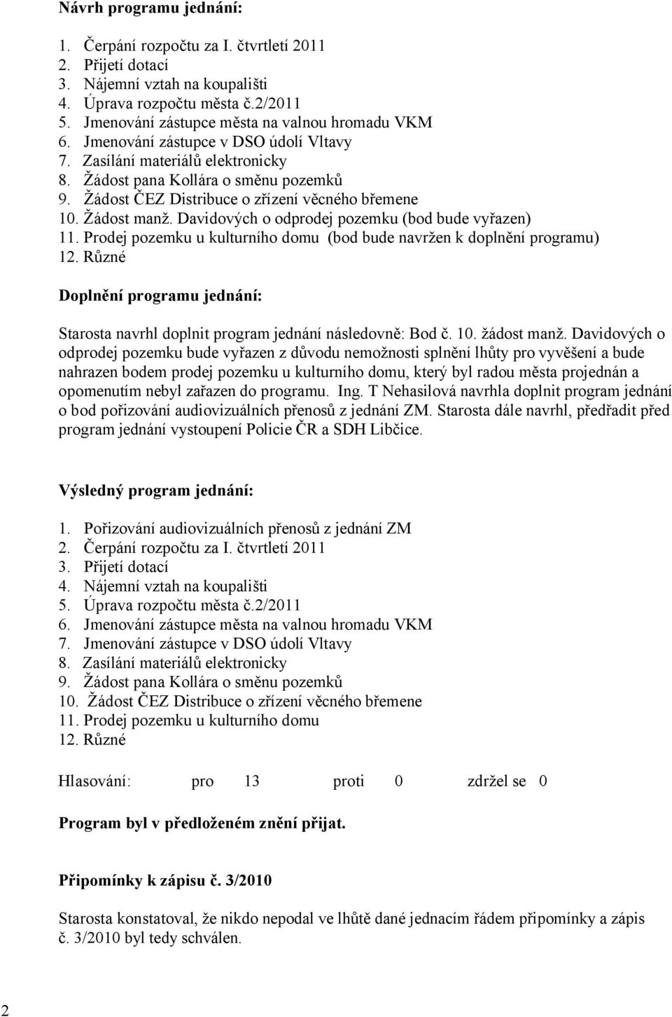 Davidových o odprodej pozemku (bod bude vyřazen) 11. Prodej pozemku u kulturního domu (bod bude navržen k doplnění programu) 12.