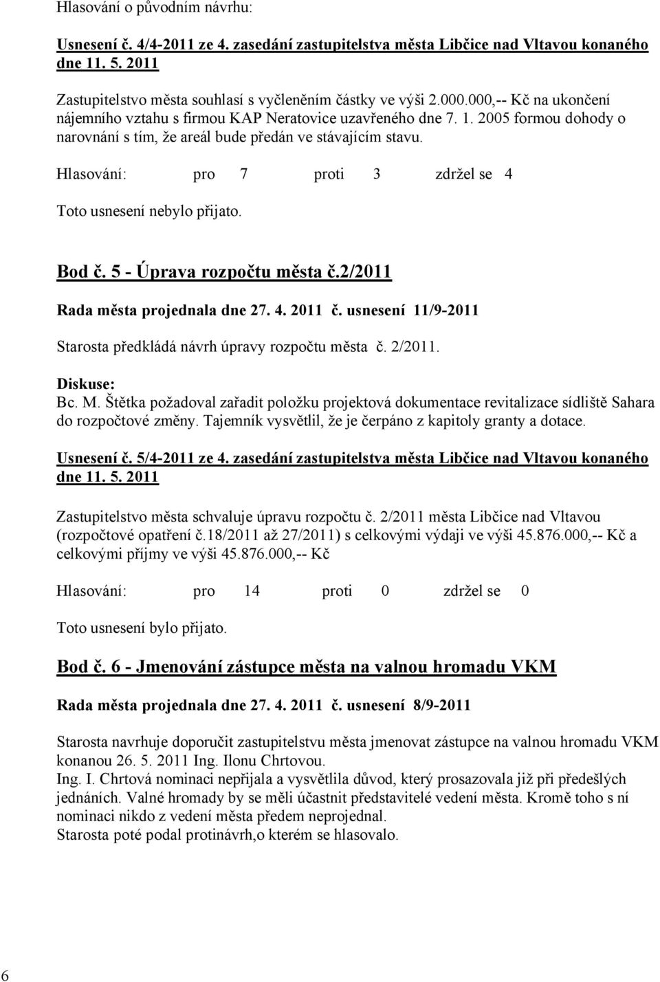 Hlasování: pro 7 proti 3 zdržel se 4 Toto usnesení nebylo přijato. Bod č. 5 - Úprava rozpočtu města č.2/2011 Rada města projednala dne 27. 4. 2011 č.