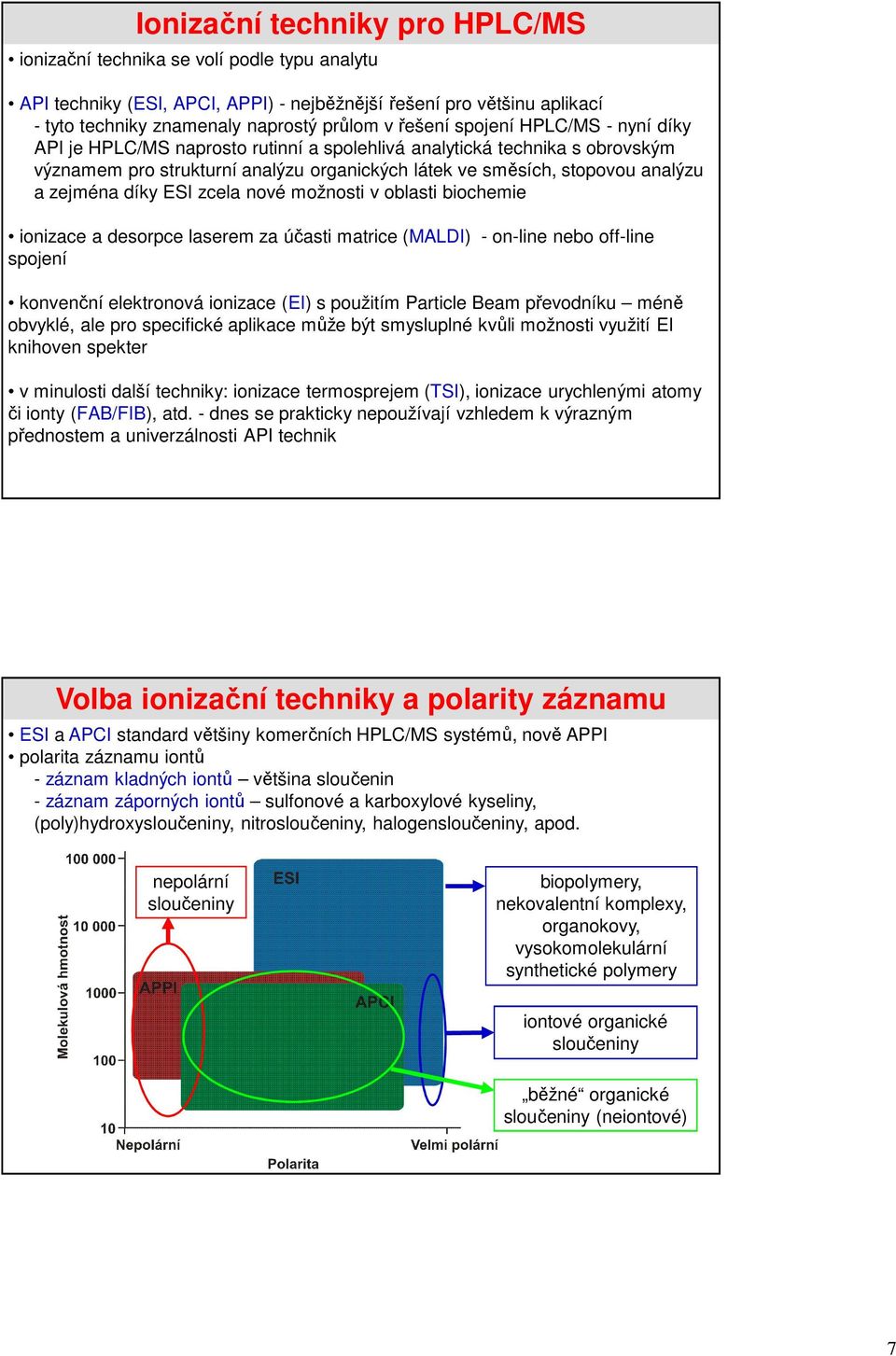 zejména díky ESI zcela nové možnosti v oblasti biochemie ionizace a desorpce laserem za účasti matrice (MALDI) - on-line nebo off-line spojení konvenční elektronová ionizace (EI) s použitím Particle