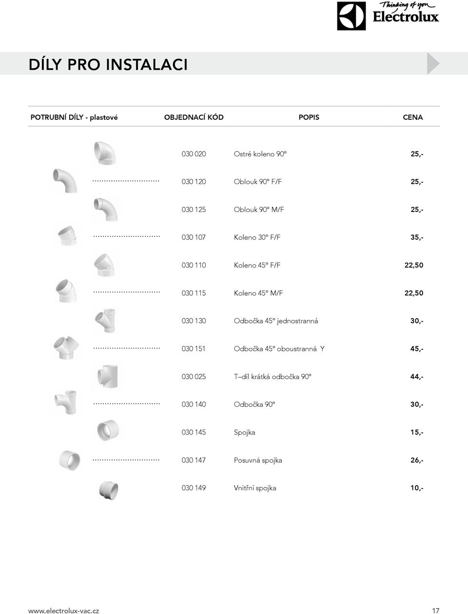 M/F 22,50 030 130 Odbočka 45 jednostranná 30,- 030 151 Odbočka 45 oboustranná Y 45,- 030 025 T díl krátká