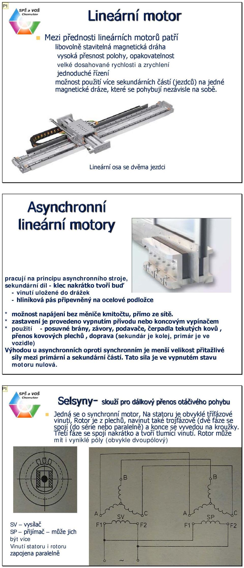 Lineární osa se dvěma jezdci Asynchronní lineární motory pracují na principu asynchronního stroje, sekundární díl - klec nakrátko tvoří buď - vinutí uložené do drážek - hliníková pás připevněný na
