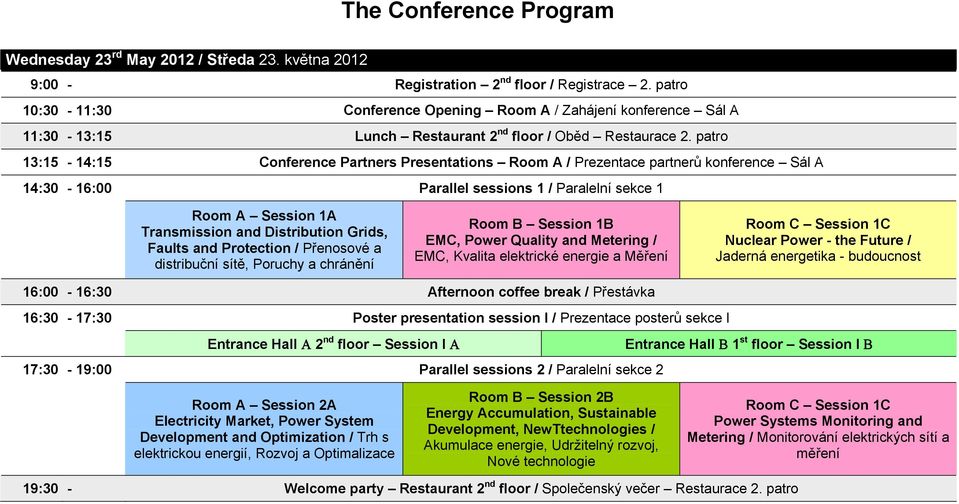 patro 13:15-14:15 Conference Partners Presentations Room A / Prezentace partnerů konference Sál A 14:30-16:00 Parallel sessions 1 / Paralelní sekce 1 Room A Session 1A Transmission and Distribution