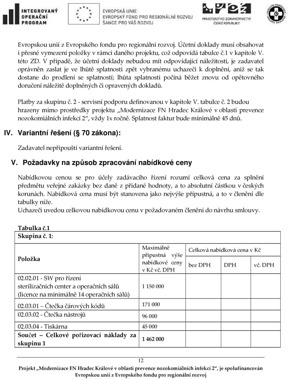 splatností; lhůta splatnosti počíná běžet znovu od opětovného doručení náležitě doplněných či opravených dokladů. Platby za skupinu č. 2 - servisní podporu definovanou v kapitole V. tabulce č.