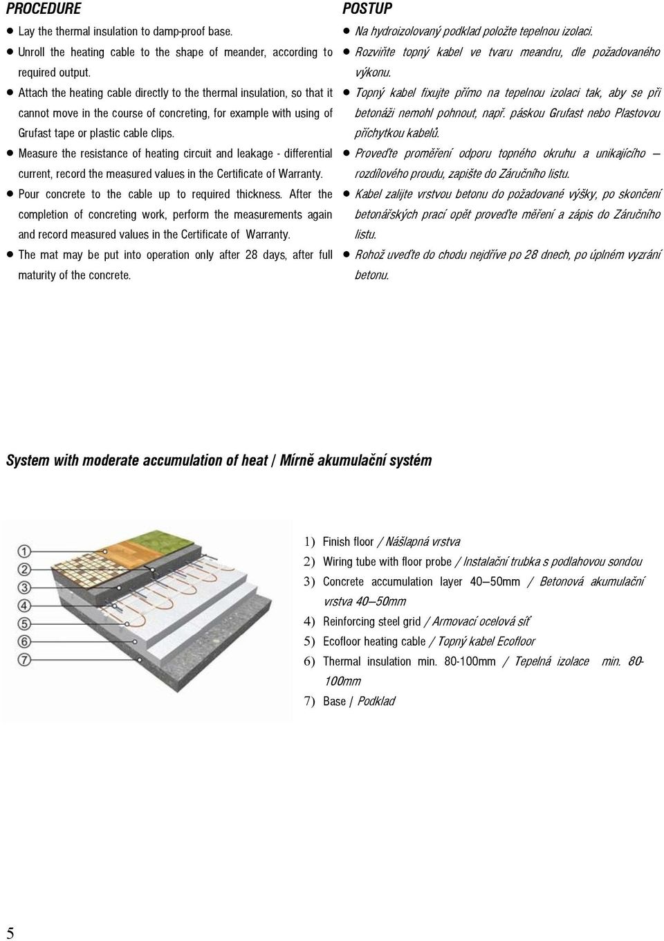 Measure the resistance of heating circuit and leakage - differential current, record the measured values in the Certificate of Warranty. Pour concrete to the cable up to required thickness.