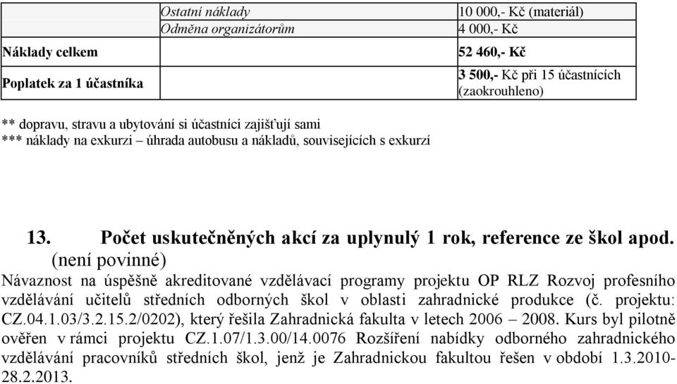 (není povinné) Návaznost na úspěšně akreditované vzdělávací programy projektu OP RLZ Rozvoj profesního vzdělávání učitelů středních odborných škol v oblasti zahradnické produkce (č. projektu: CZ.04.1.