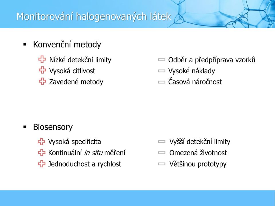 Časová náročnost Biosensory Vysoká specificita Kontinuální in situ měření