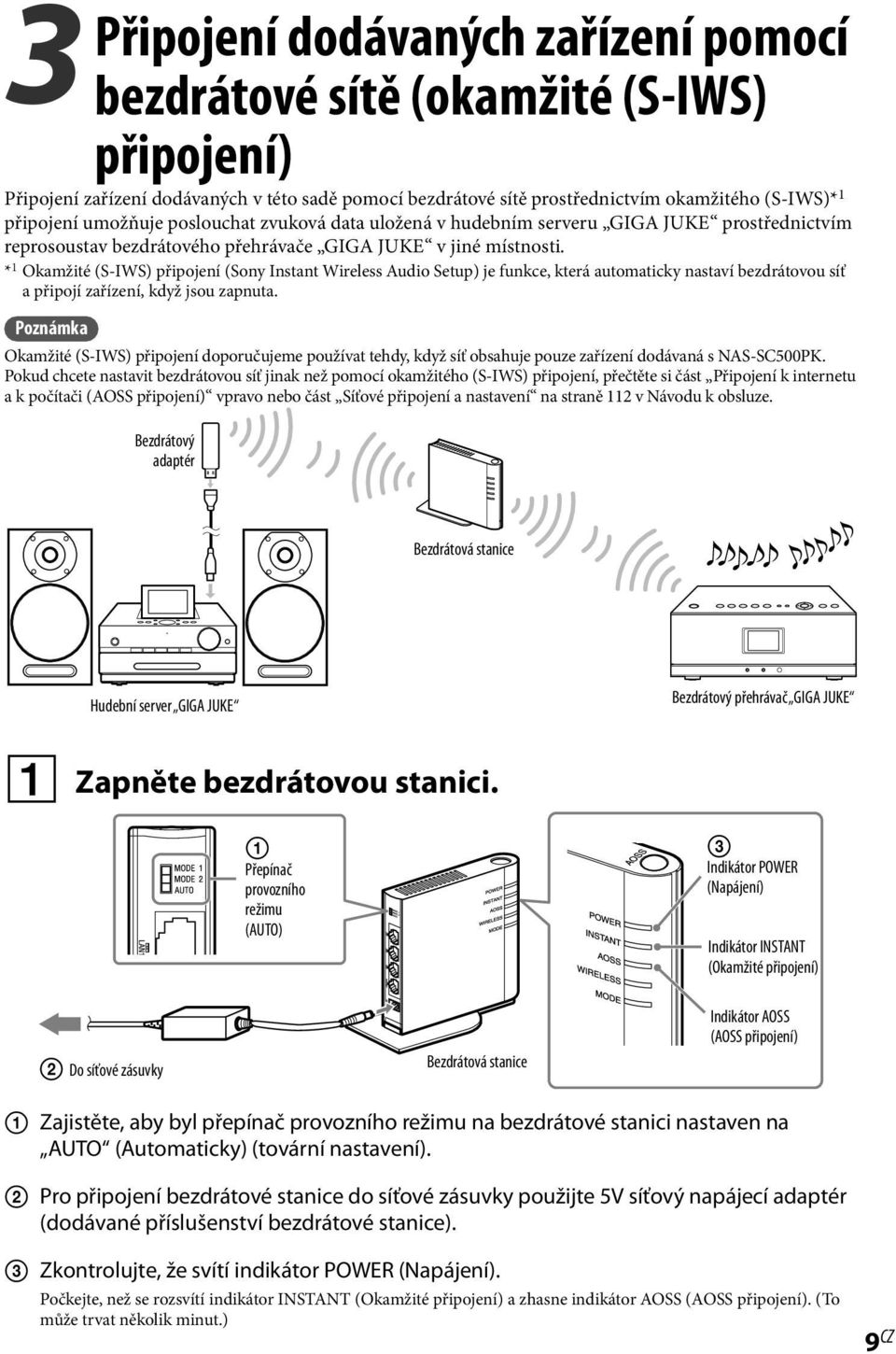 * 1 Okamžité (S-IWS) připojení (Sony Instant Wireless Audio Setup) je funkce, která automaticky nastaví bezdrátovou síť a připojí zařízení, když jsou zapnuta.