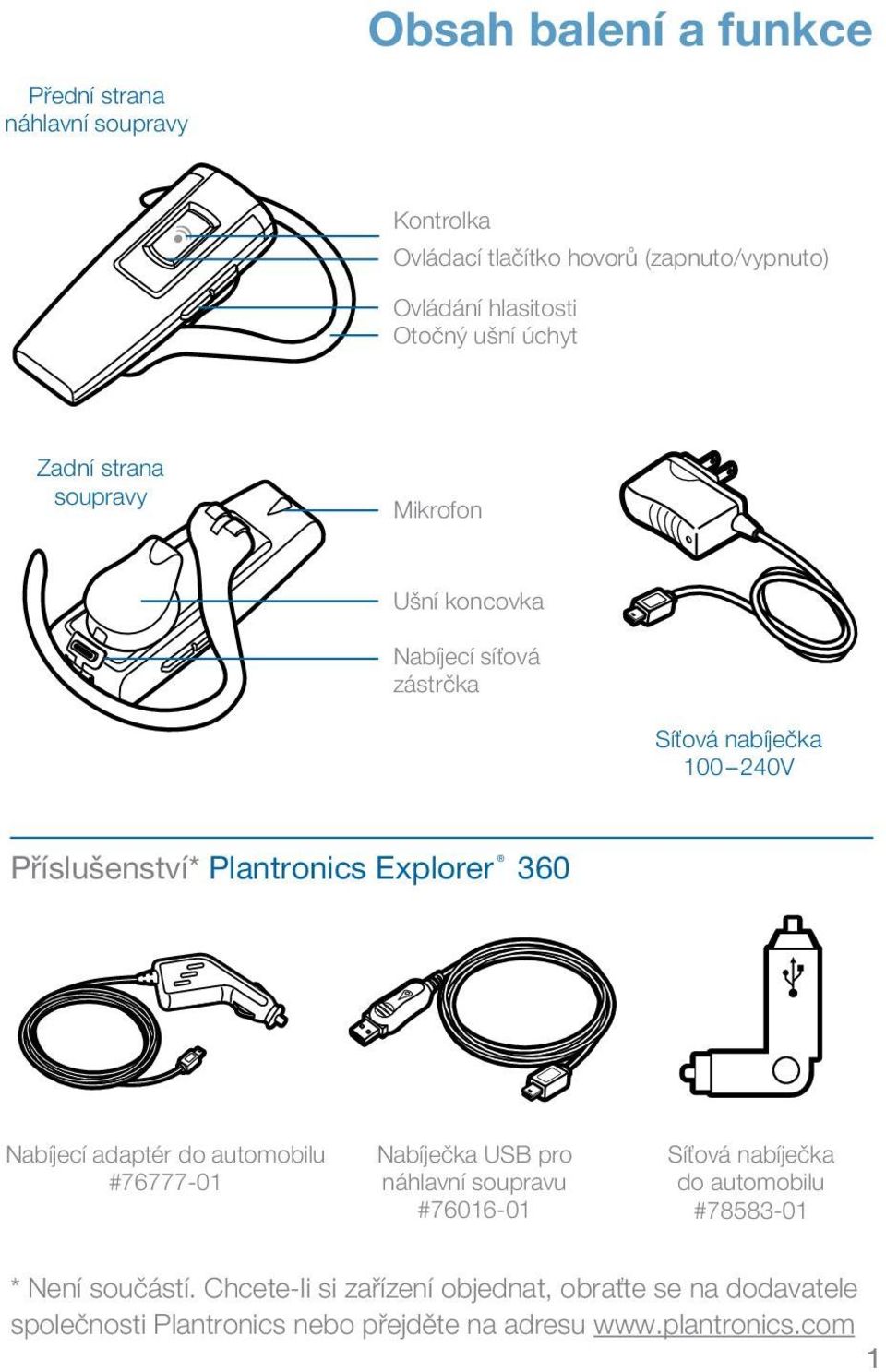 Plantronics Explorer 360 Nabíjecí adaptér do automobilu #76777-01 Nabíječka USB pro náhlavní soupravu #76016-01 Síťová nabíječka do