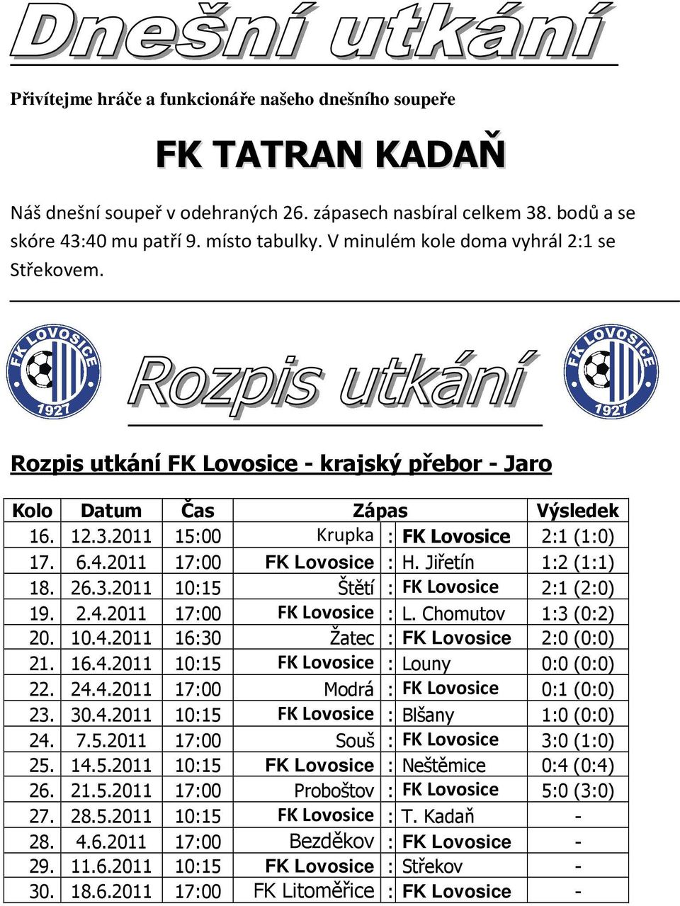 2011 17:00 FK Lovosice : H. Jiřetín 1:2 (1:1) 18. 26.3.2011 10:15 Štětí : FK Lovosice 2:1 (2:0) 19. 2.4.2011 17:00 FK Lovosice : L. Chomutov 1:3 (0:2) 20. 10.4.2011 16:30 Žatec : FK Lovosice 2:0 (0:0) 21.