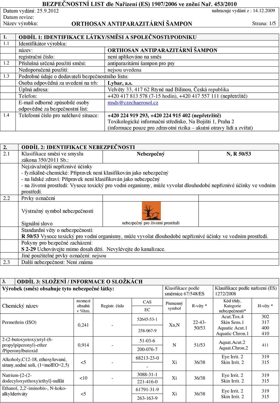 2 Příslušná určená použití směsi: antiparazitární šampon pro psy Nedoporučená použití: nejsou uvedena 1.3 Podrobné údaje o dodavateli bezpečnostního listu: Osoba odpovědná za uvedení na trh: Lybar, a.