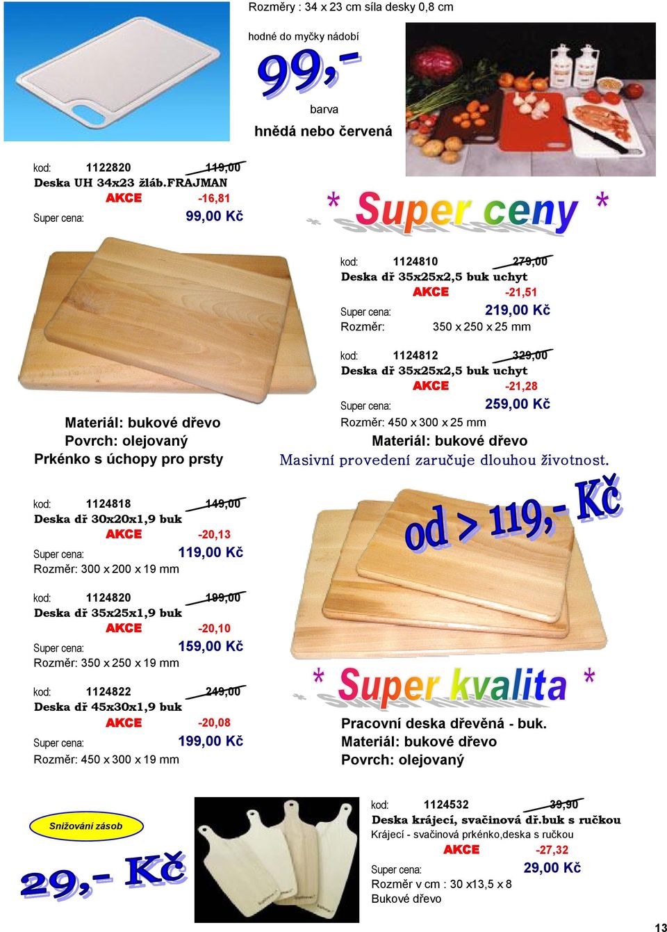 1124812 329,00 Deska dř 35x25x2,5 buk uchyt AKCE -21,28 Rozměr: 450 x 300 x 25 mm 259,00 Kč Materiál: bukové dřevo Masivní provedení zaručuje dlouhou životnost.