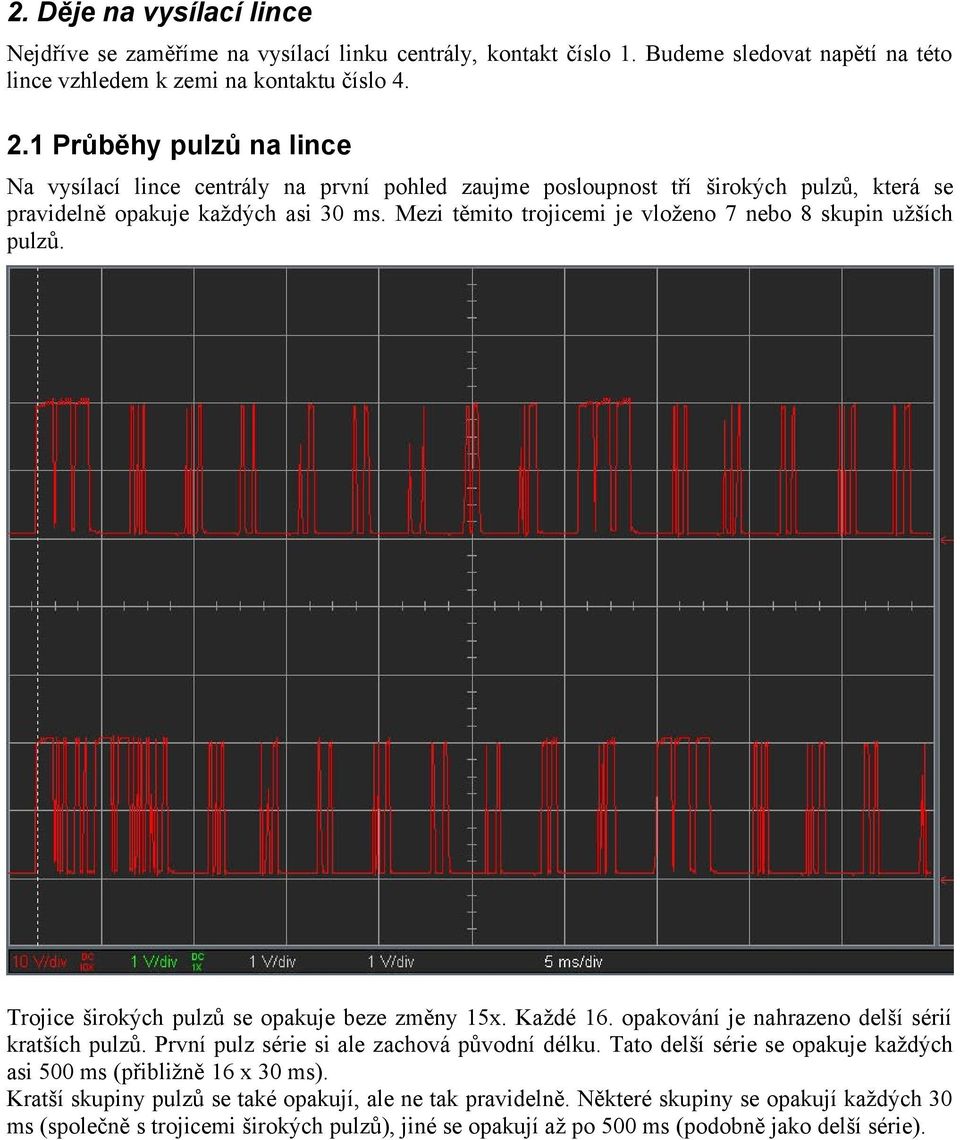 Mezi těmito trojicemi je vloženo 7 nebo 8 skupin užších pulzů. Trojice širokých pulzů se opakuje beze změny 15x. Každé 16. opakování je nahrazeno delší sérií kratších pulzů.