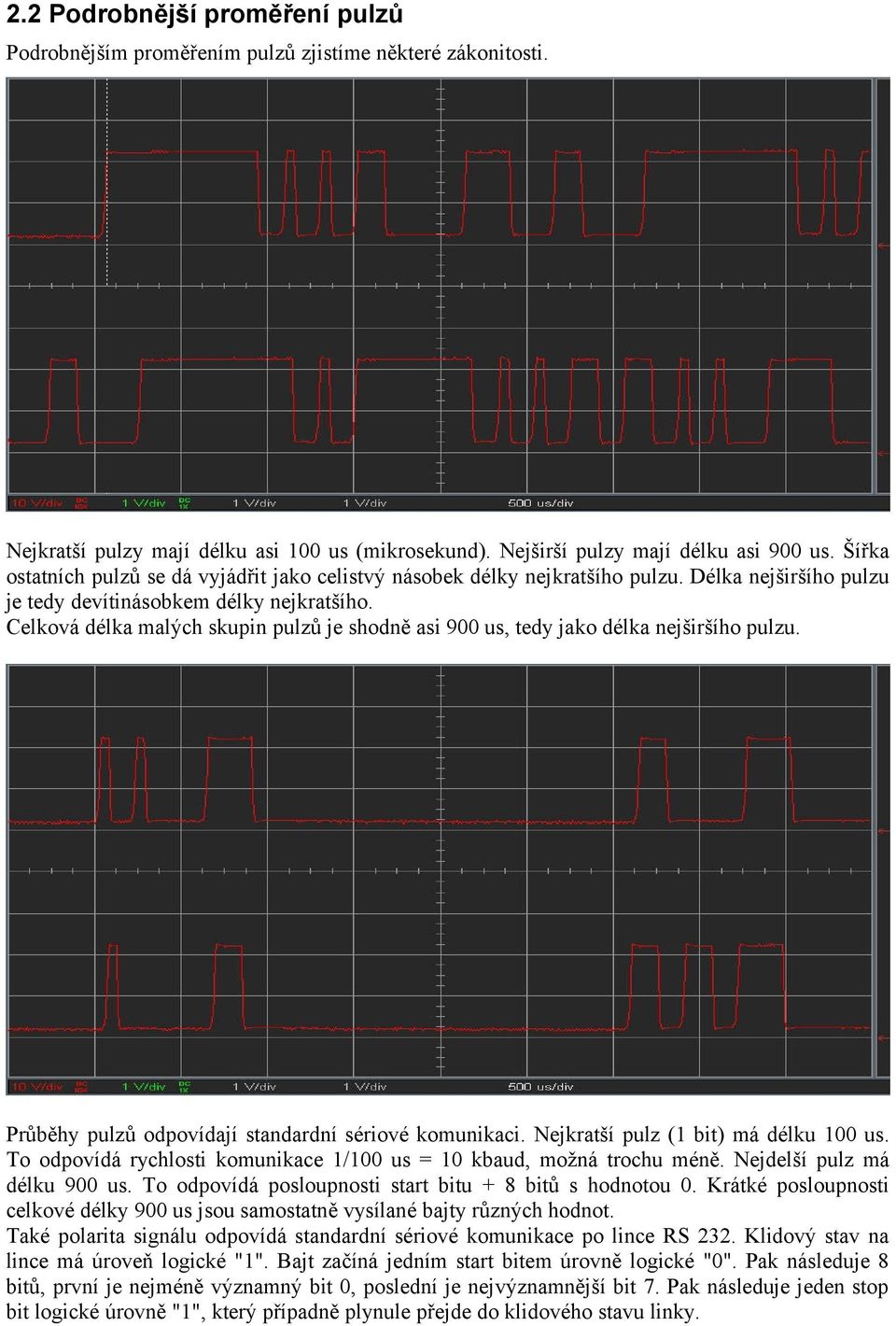 Celková délka malých skupin pulzů je shodně asi 900 us, tedy jako délka nejširšího pulzu. Průběhy pulzů odpovídají standardní sériové komunikaci. Nejkratší pulz (1 bit) má délku 100 us.