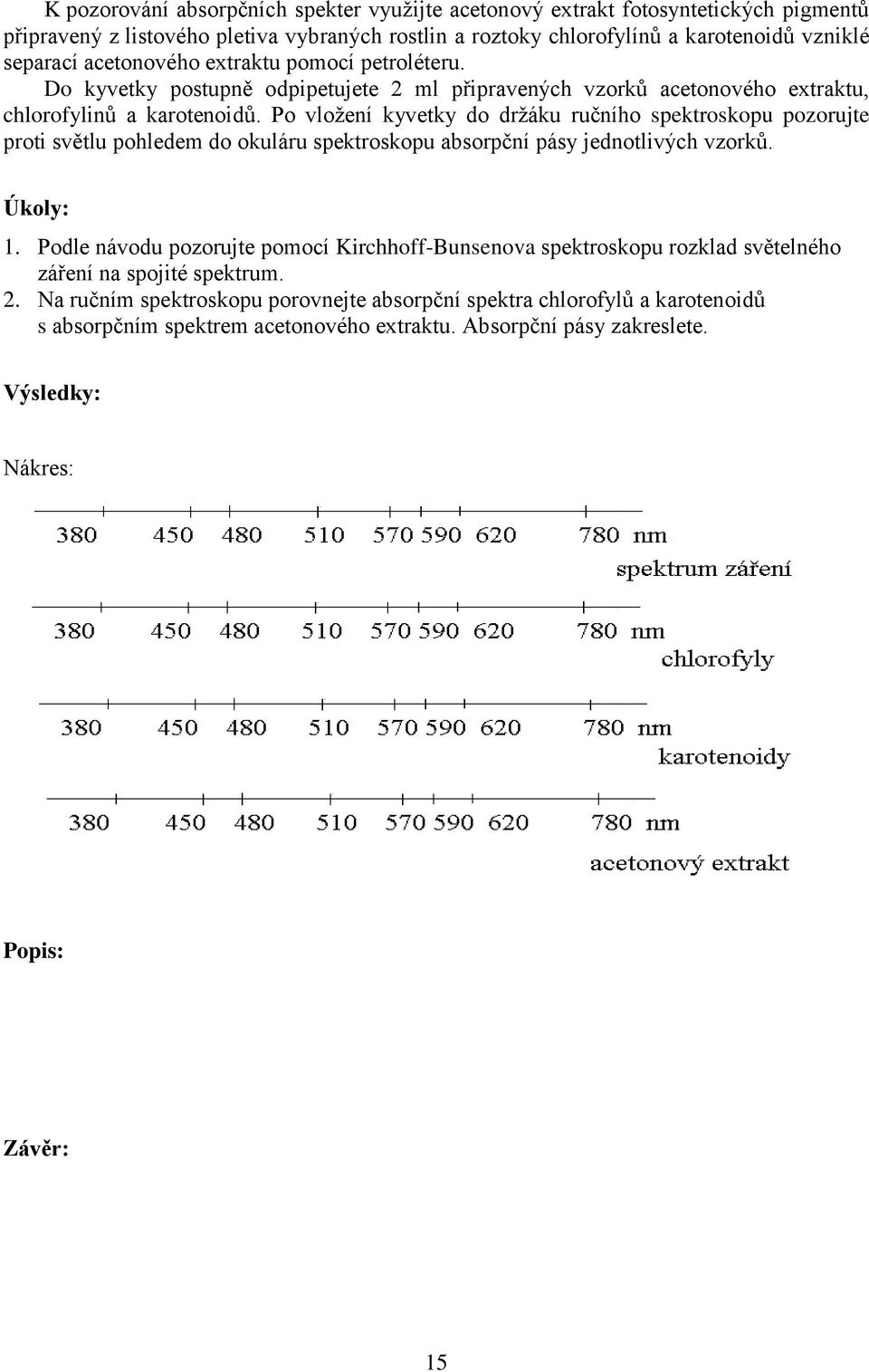 Po vložení kyvetky do držáku ručního spektroskopu pozorujte proti světlu pohledem do okuláru spektroskopu absorpční pásy jednotlivých vzorků. Úkoly: 1.