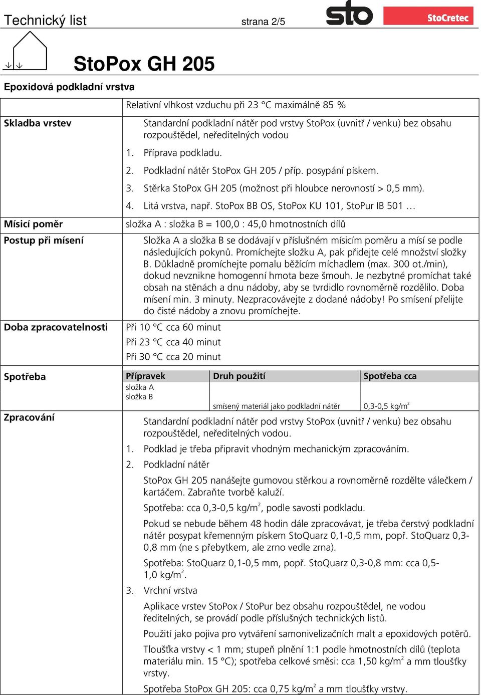 StoPox BB OS, StoPox KU 101, StoPur IB 501 Mísicí poměr Postup při mísení Doba zpracovatelnosti složka A : složka B = 100,0 : 45,0 hmotnostních dílů Složka A a složka B se dodávají v příslušném