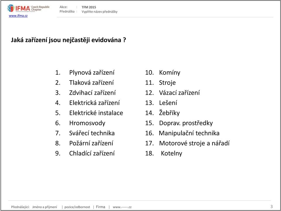 Svářecí technika 8. Požární zařízení 9. Chladící zařízení 10. Komíny 11. Stroje 12.