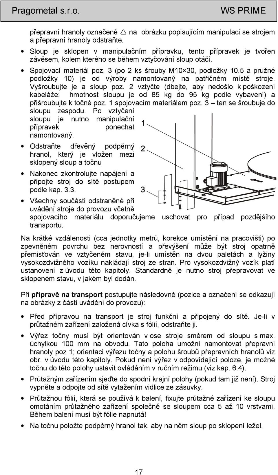 5 a pružné podložky 10) je od výroby namontovaný na patřičném místě stroje. Vyšroubujte je a sloup poz.