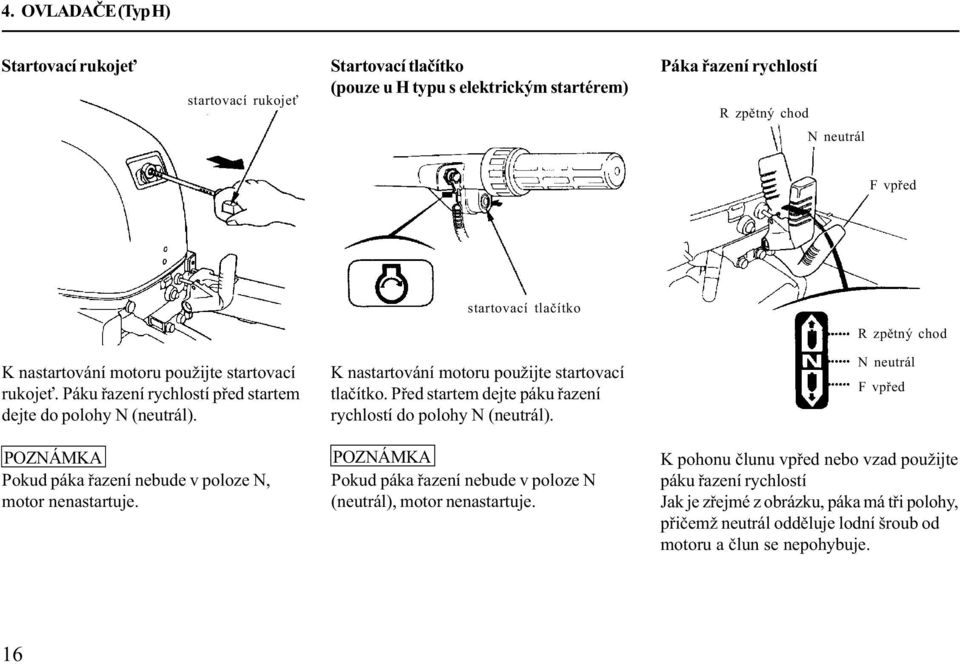 startovací tlaèítko K nastartování motoru použijte startovací tlaèítko. Pøed startem dejte páku øazení rychlostí do polohy N (neutrál).