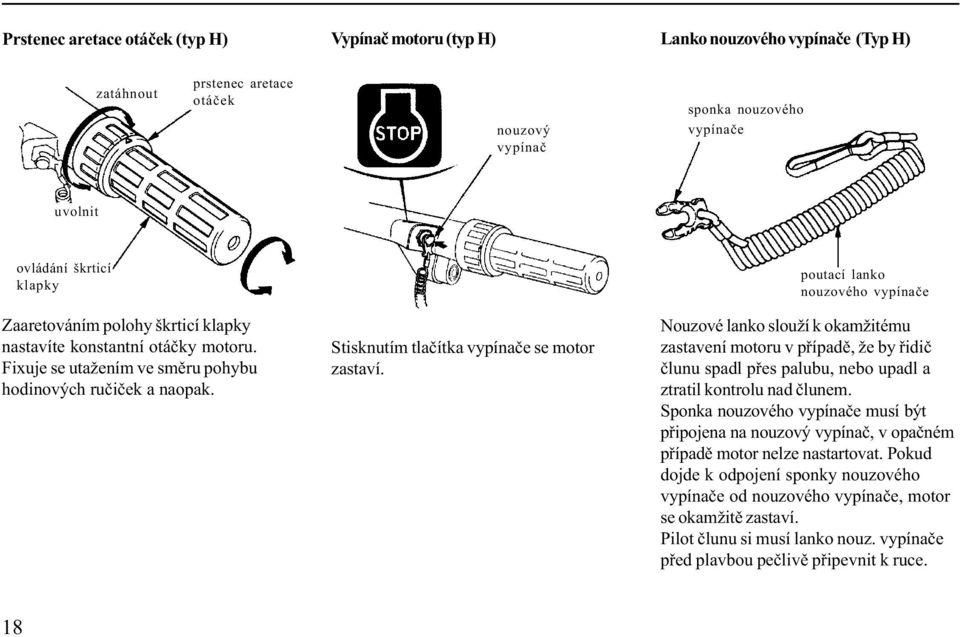 Stisknutím tlaèítka vypínaèe se motor zastaví. Nouzové lanko slouží k okamžitému zastavení motoru v pøípadì, že by øidiè èlunu spadl pøes palubu, nebo upadl a ztratil kontrolu nad èlunem.