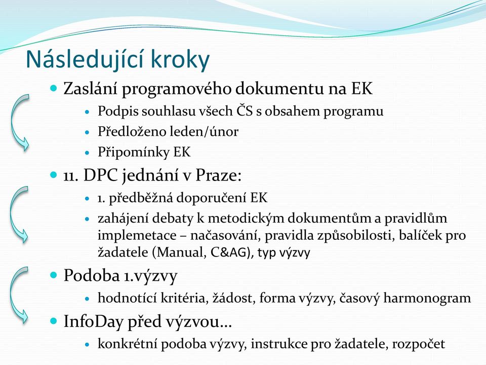 předběžná doporučení EK zahájení debaty k metodickým dokumentům a pravidlům implemetace načasování, pravidla