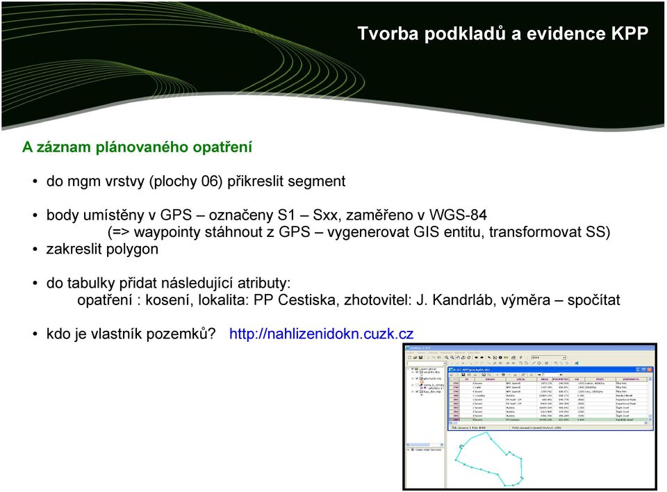 entitu, transformovat SS) zakreslit polygon do tabulky přidat následující atributy: opatření : kosení,