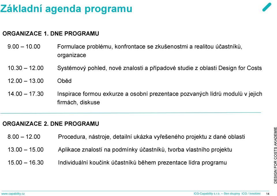 30 Inspirace formou exkurze a osobní prezentace pozvaných lídrů modulů v jejich firmách, diskuse ORGANIZACE 2. DNE PROGRAMU 8.00 12.