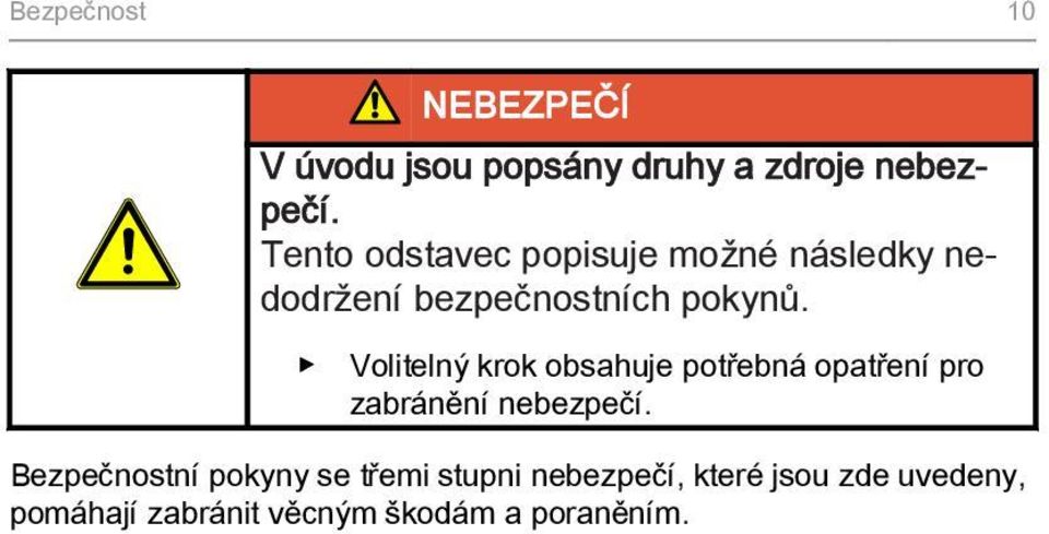 Volitelný krok obsahuje potřebná opatření pro zabránění nebezpečí.