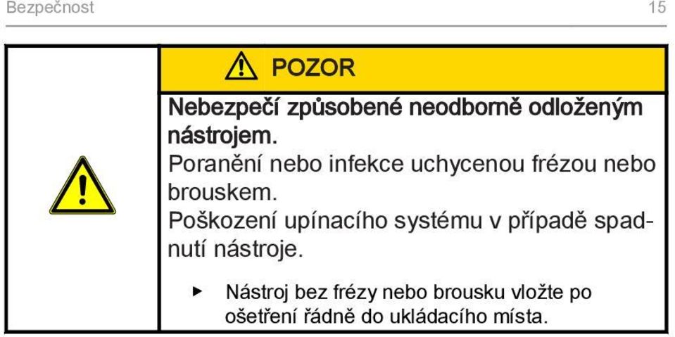 Poškození upínacího systému v případě spadnutí nástroje.