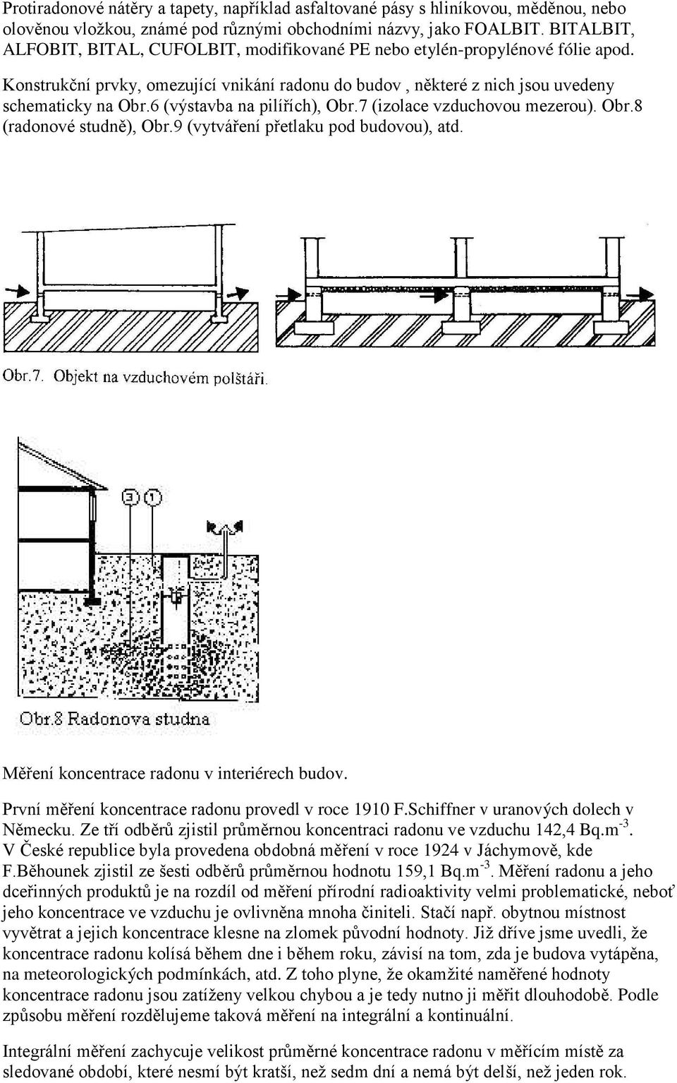6 (výstavba na pilířích), Obr.7 (izolace vzduchovou mezerou). Obr.8 (radonové studně), Obr.9 (vytváření přetlaku pod budovou), atd. Měření koncentrace radonu v interiérech budov.