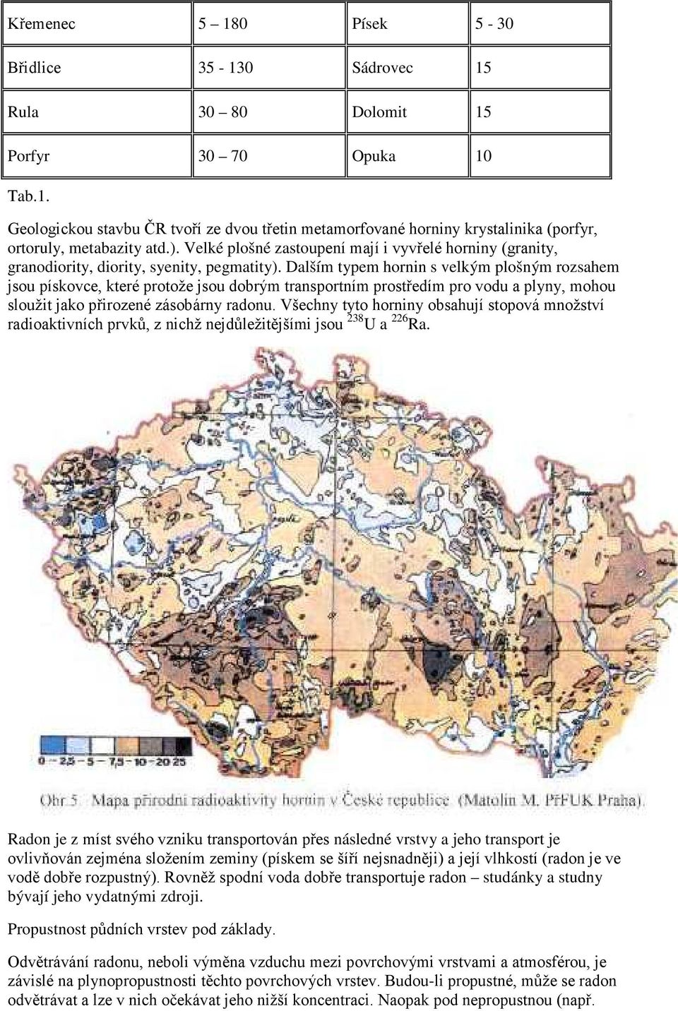 Dalším typem hornin s velkým plošným rozsahem jsou pískovce, které protože jsou dobrým transportním prostředím pro vodu a plyny, mohou sloužit jako přirozené zásobárny radonu.