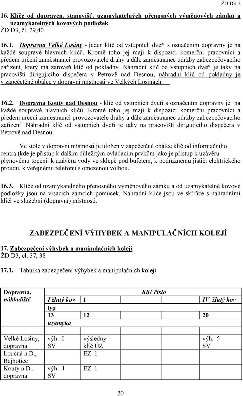 Náhradní klíč od vstupních dveří je taky na pracovišti dirigujícího dispečera v Petrově nad Desnou; náhradní klíč od pokladny je v zapečetěné obálce v dopravní místnosti ve Velkých Losinách. 16.2.