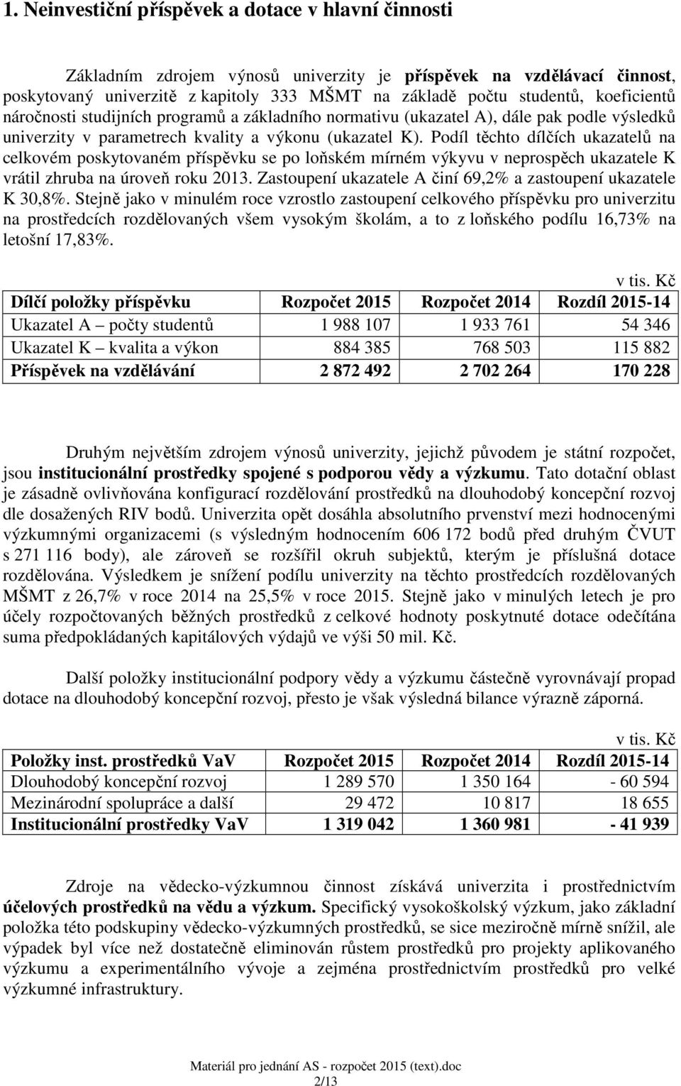 Podíl těchto dílčích ukazatelů na celkovém poskytovaném příspěvku se po loňském mírném výkyvu v neprospěch ukazatele K vrátil zhruba na úroveň roku 2013.