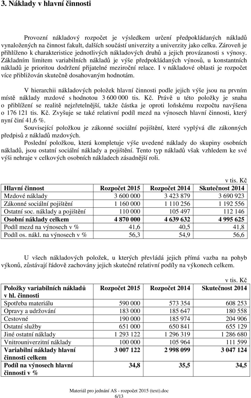 Základním limitem variabilních nákladů je výše předpokládaných výnosů, u konstantních nákladů je prioritou dodržení přijatelné meziroční relace.